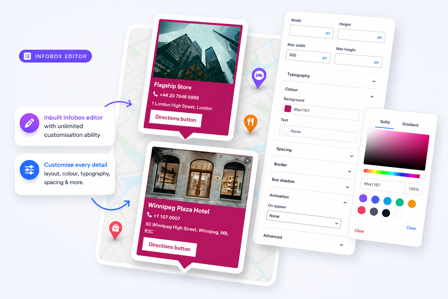 Infobox editor customising a map popup card's size, typography, colour, spacing, border and animation