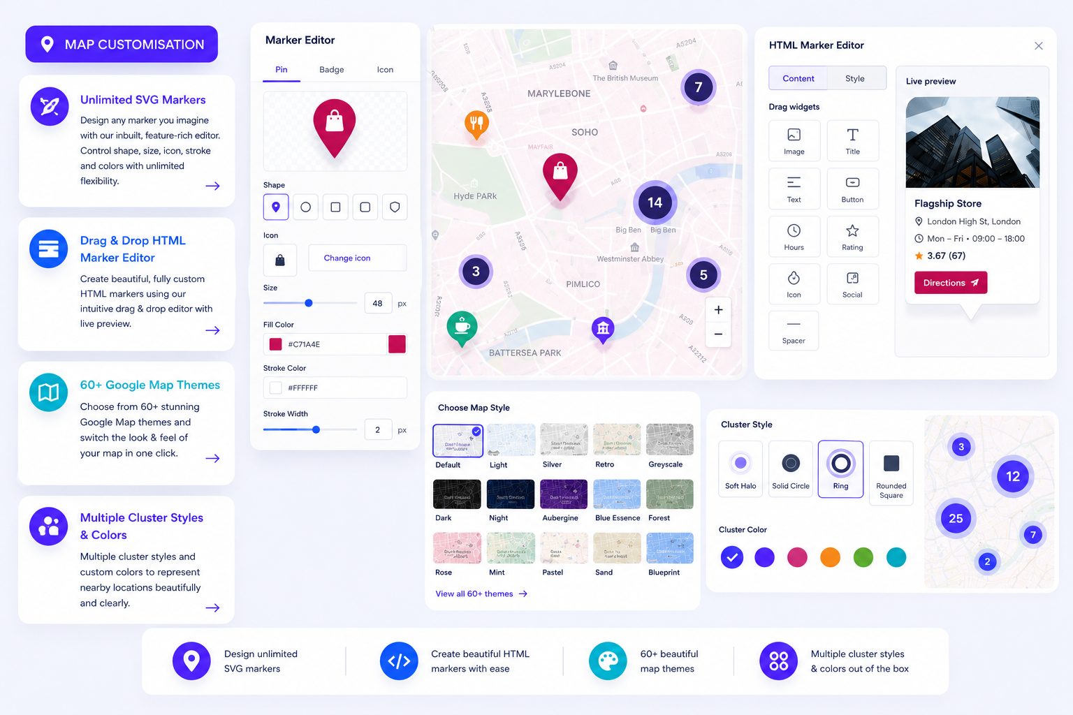 Map customisation: SVG marker editor, HTML marker editor with live preview, map themes and configurable cluster styles and colours