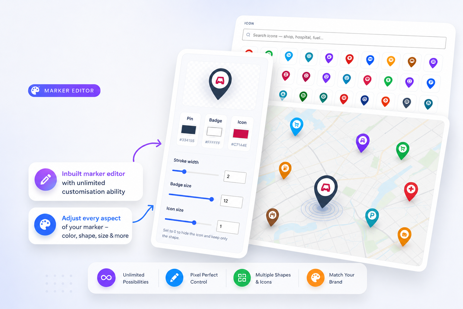 Marker editor with pin, badge and icon colour controls, stroke and size sliders and a searchable icon library over a live map