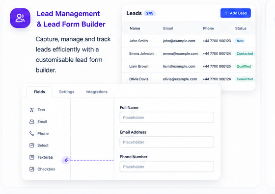 Lead management — Capture, manage and track enquiries with a custom lead-form builder.