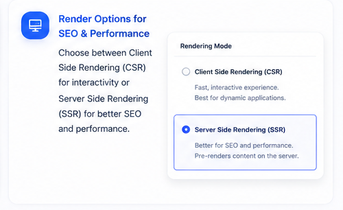 Render modes — Pick CSR for interactivity or SSR for the best SEO and speed.